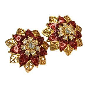 Womens Post Back Floral Earrings Sparkly Red Enamel Crystals Gold Tone Accents